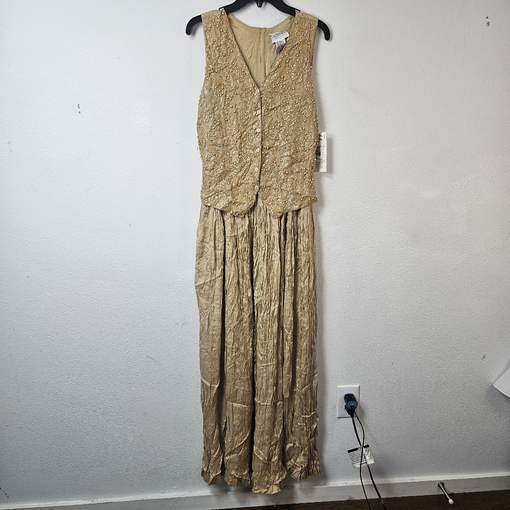 Vintage Jasmine By K.V.M Beaded Crinkle Palazzo Wide Leg Jumpsuit Size Large NWT